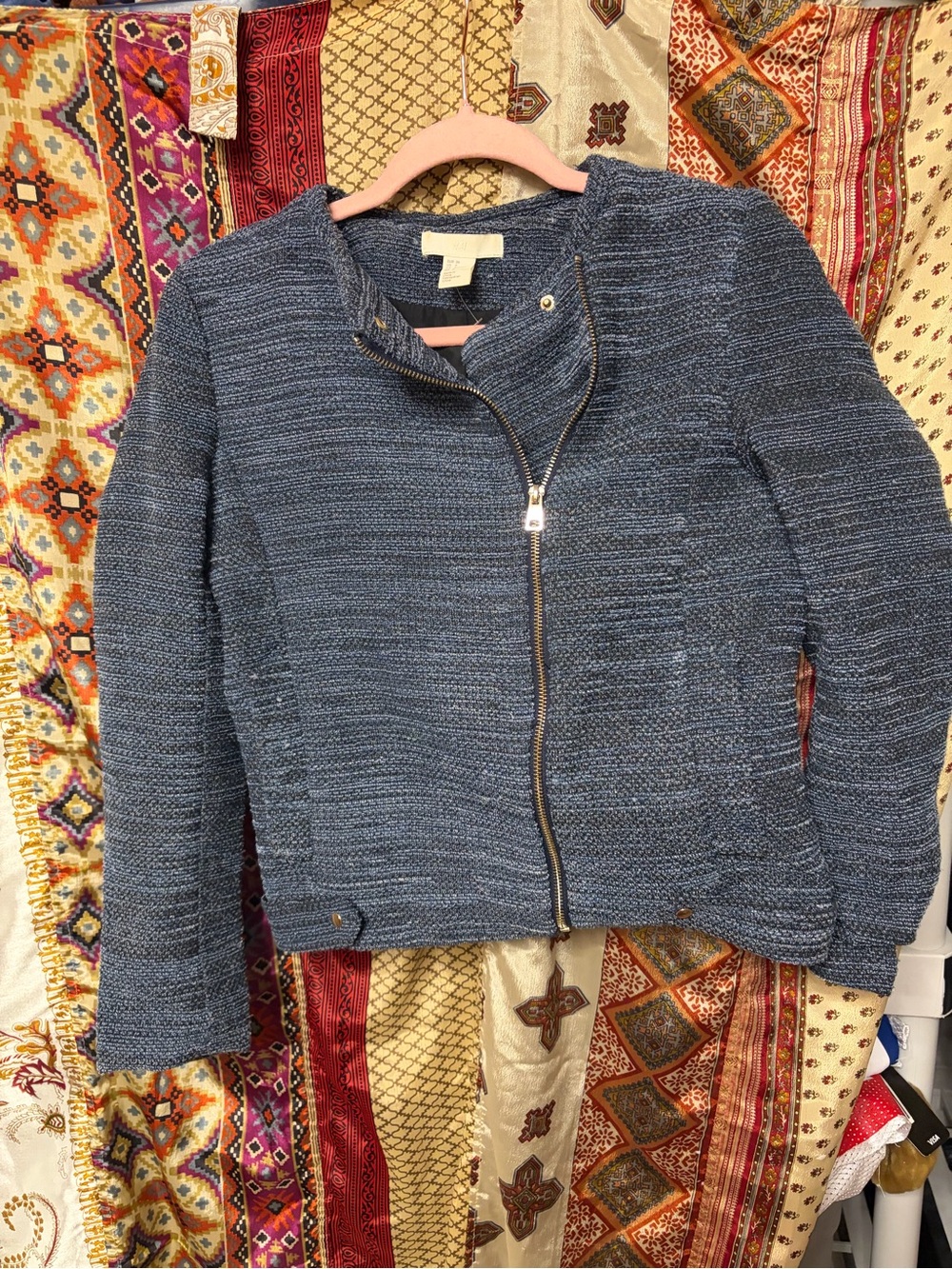 H&M blue tweed jacket blazer zip closure casual work career snap sz 6